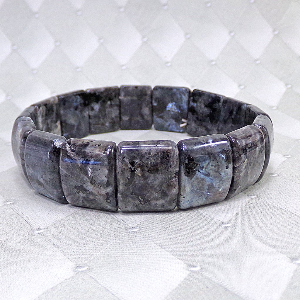 Gray And Black Larvikite Stone Stretch Bracelet With Rectangle Dome Shape Stones